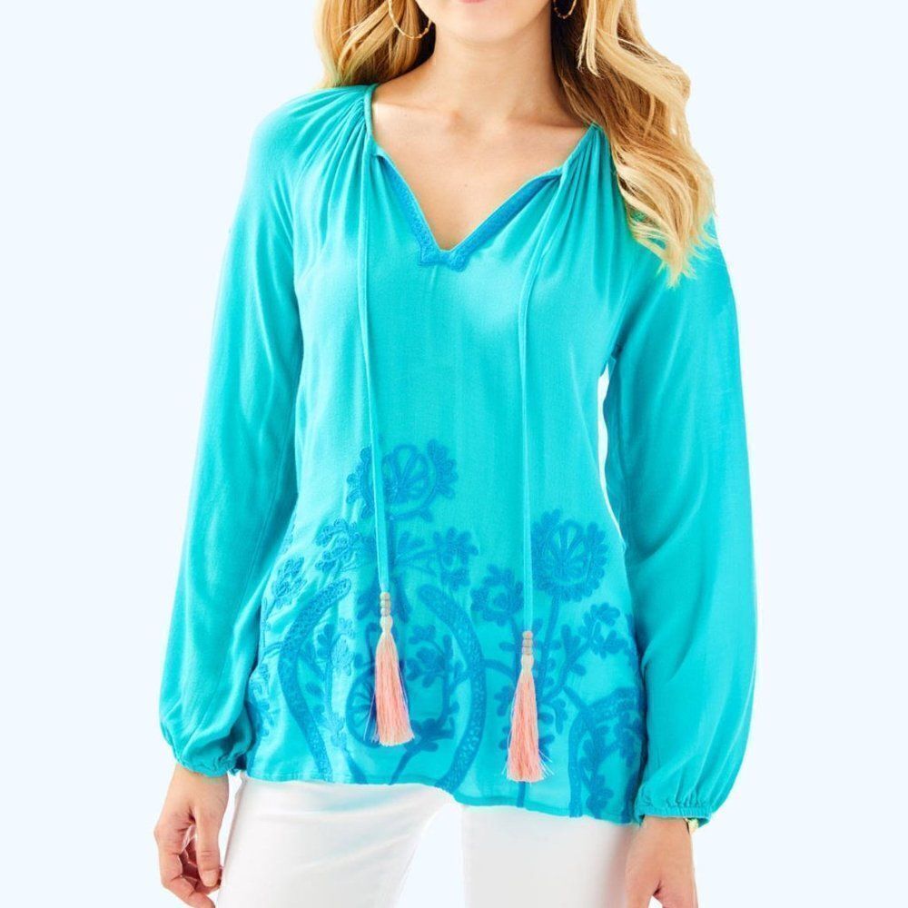 Lilly Pulitzer Willa Embroidered Top Size XXS Aqua Blue Boho Coastal Tassels